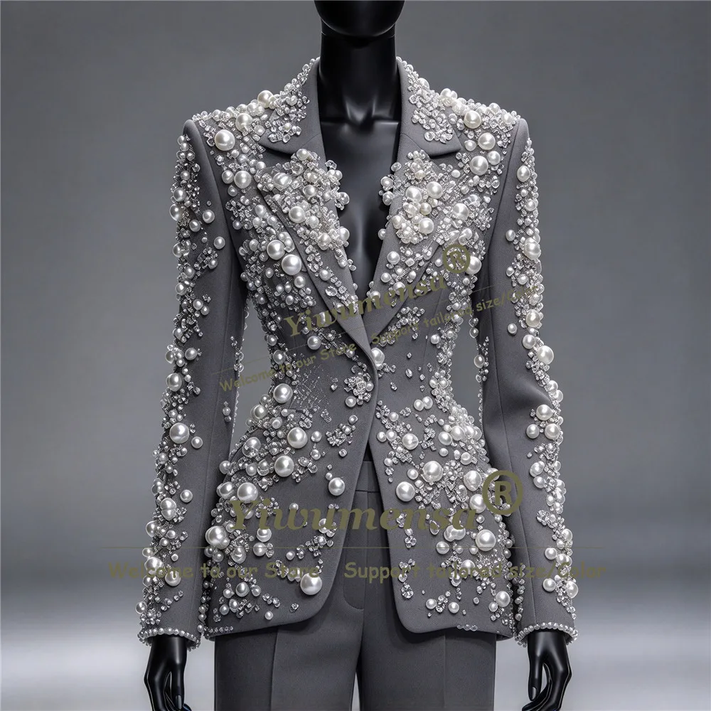 Luxury Pearls Beaded Suits Women Formal Wear Jacket Pants 2 Piece Sets Lady Business Party Tuxedo Customized Female Clothing