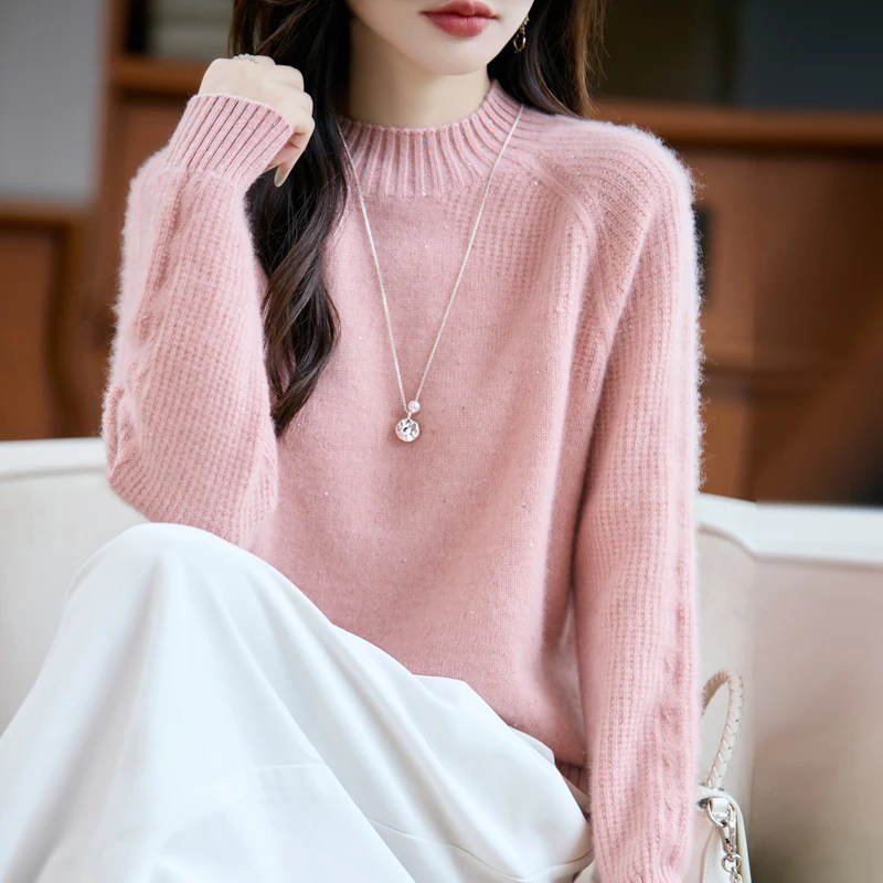 Exquisite 7GG dicke Stehkragen-Pullover mit Twist-Blume, weich, warm, 100 % Merinowolle, Strickwaren, schickes Glück, lässige Pullover-Oberteile