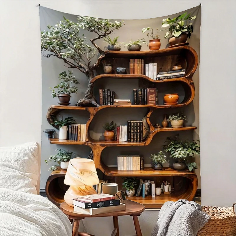 1PC Tree Bookshelf Plant Art Print Backdrop Banner, Bedroom Living Room Photo Background, Polyester, Home Decor, Wall Art