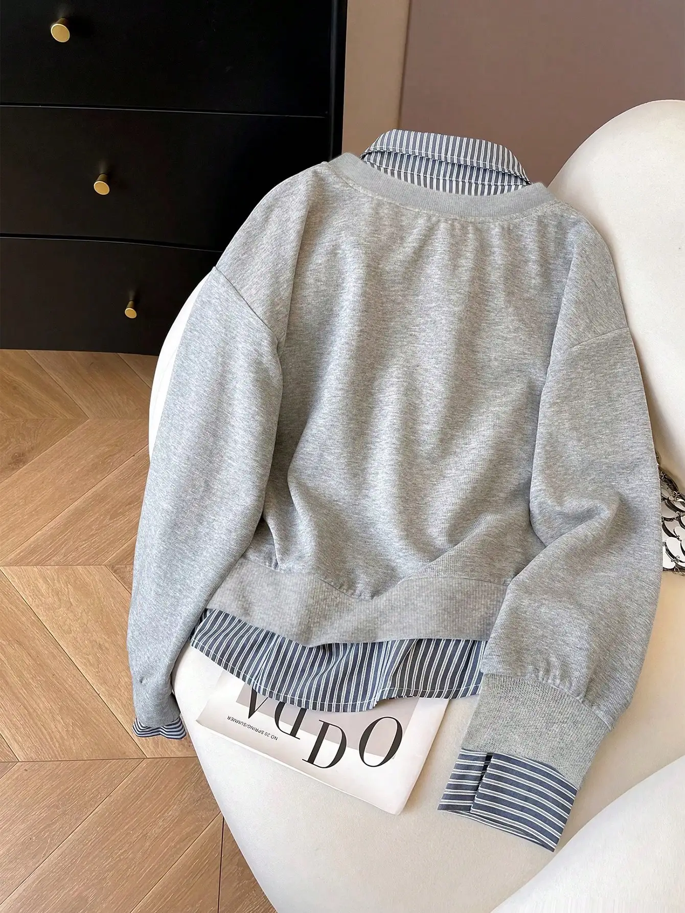 Women's Gray Striped Collar Half-Zip Long Sleeve Sweatshirt, Casual Loose Fit Pullover