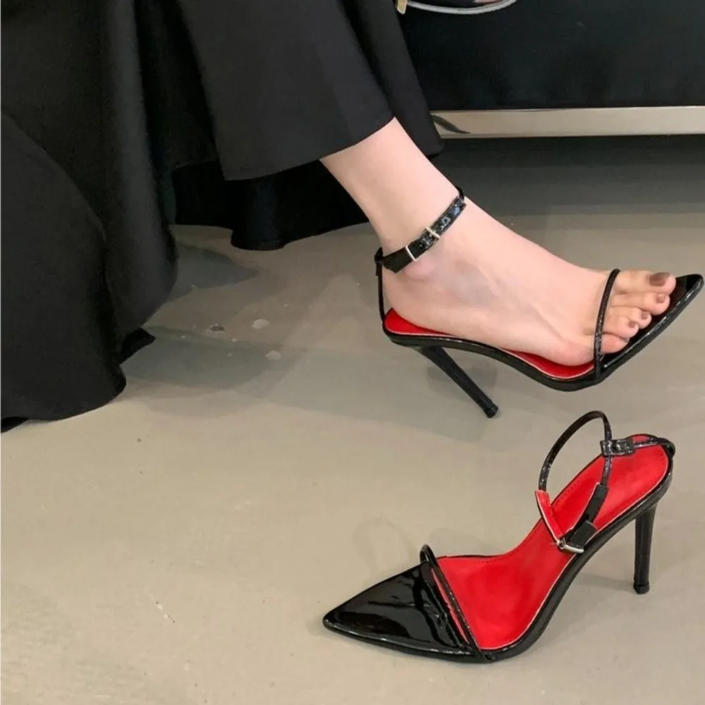 New 12cm Minimalist Ultra-fine Straight Strap High-heeled Shoes with Sexy Ankle Straps Plus Size Slim Heel Bed Sandals Women's