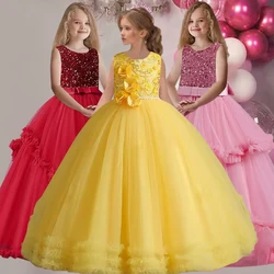 Girls' long wedding party dress fluffy mesh Princess bubble sleeve Eucharist banquet first Sequin Beaded ball party dress