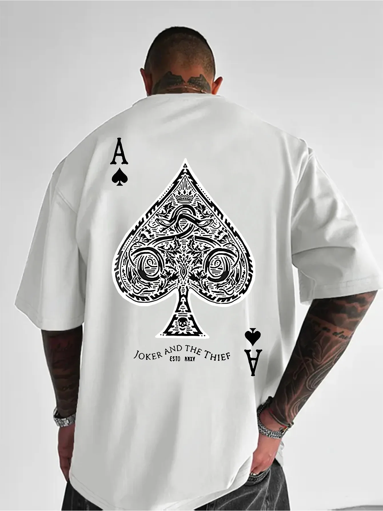 Men Oversized Crew Neck T‑Shirt, Ace Of Spades Poker Back Graphic Print Short Sleeve Casual Streetwear Tee