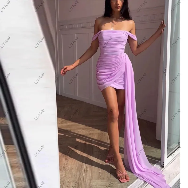 LIYYLHQ Mermaid Short Prom Dresses Off Shoulder Strapless Prom Dress Chiffon Draped Ruched Formal Occasion Dress Robes De Soirée