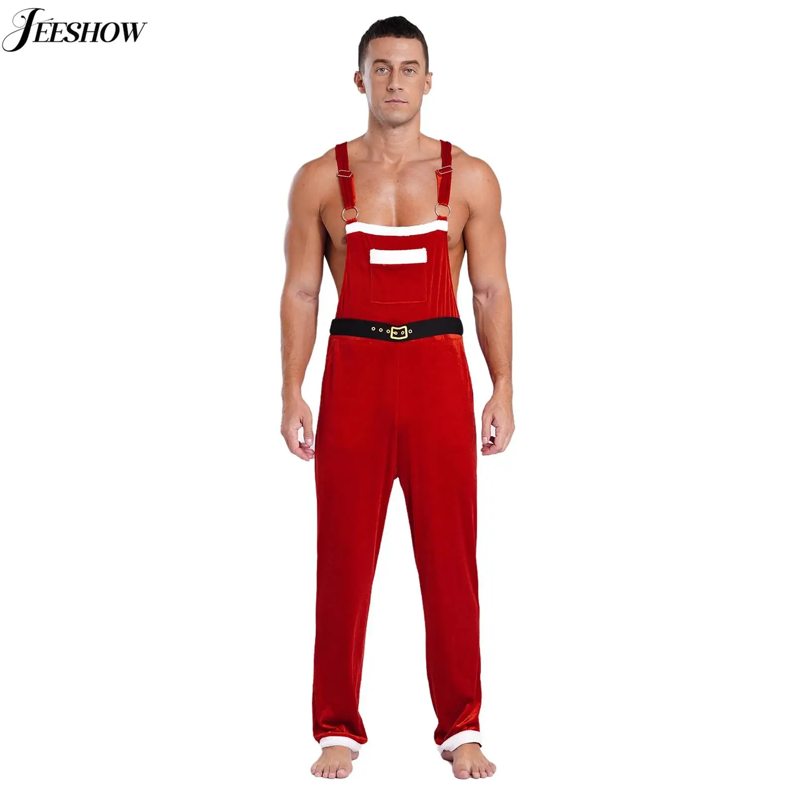 Mens Christmas เครื่องแต่งกาย Santa Claus คอสเพลย์ One Piece ชุดกํามะหยี่สูงเอว Suspender Jumpsuit Overalls Xmas Party แฟนซีชุด