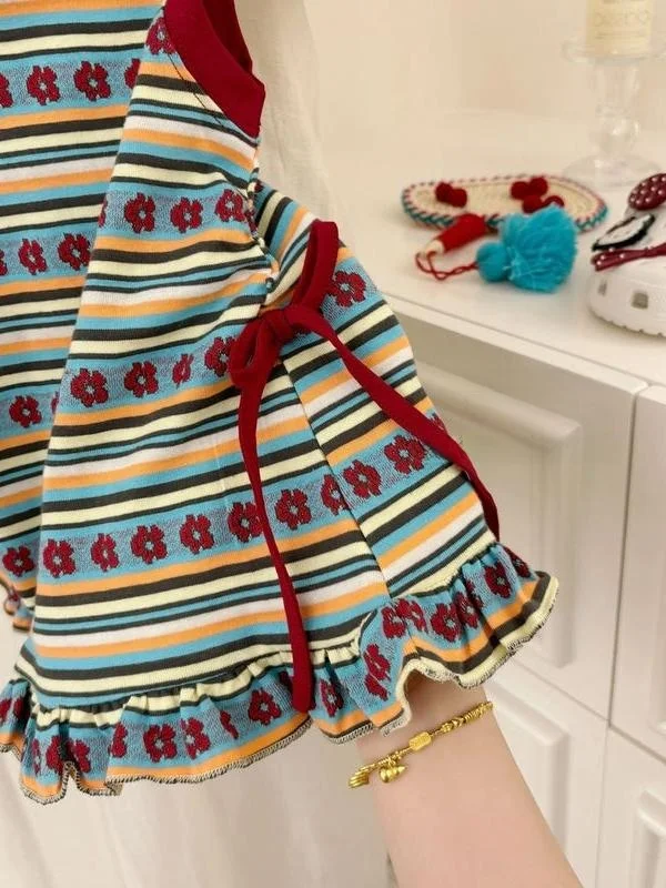 Filles rayure T-shirt Dr Vintage tenue d'été bébé gilet jupe vêtements pour enfants coton vichy Plaid Midi Dr