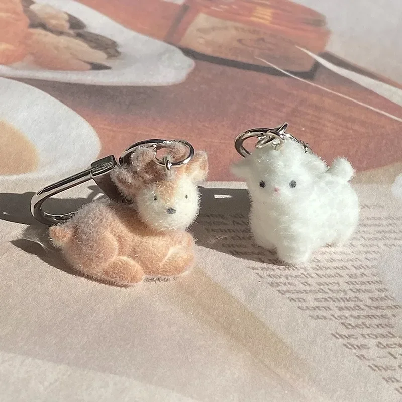3D Cartoon White Alpaca Keychain Cute Flocked Animal Keyring Bag Pendant Backpack Charm Car Decor Jewelry Accessories Gift