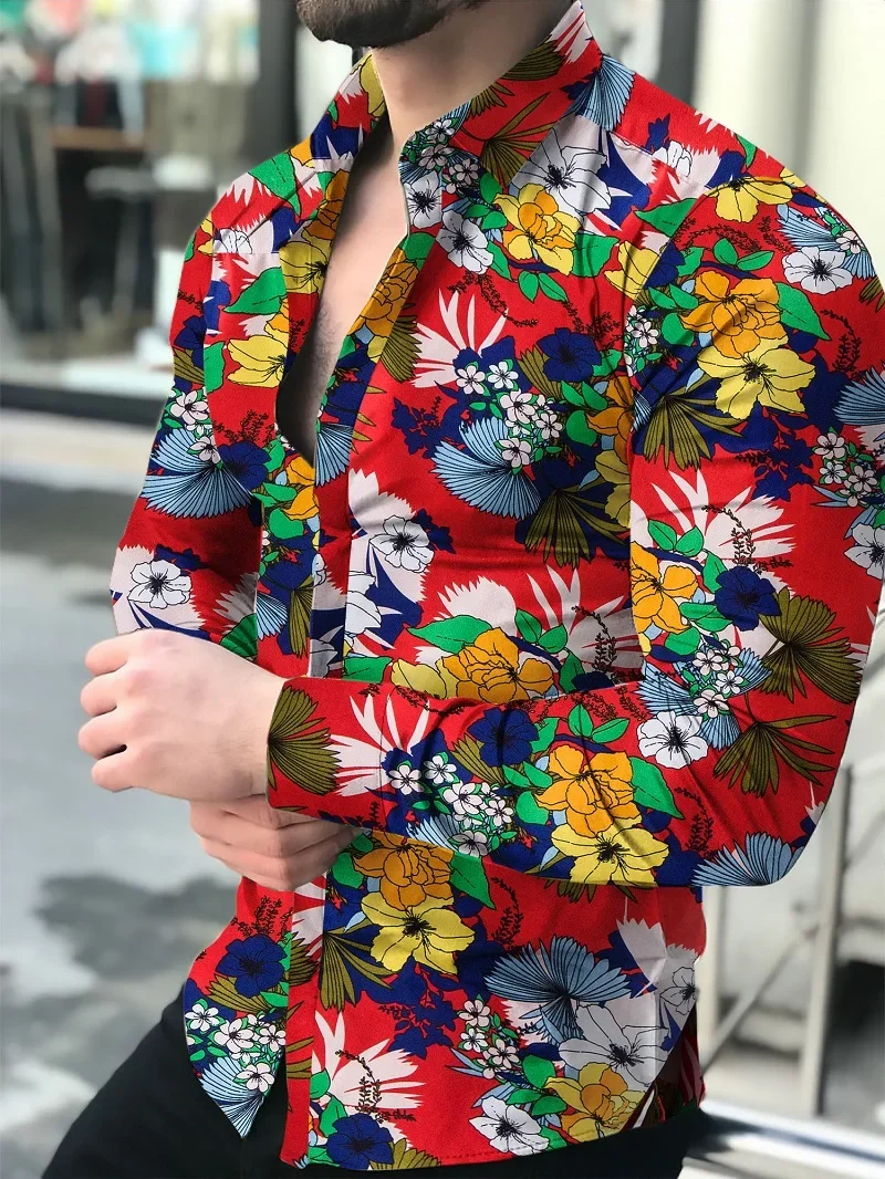 

Men's Fashion Retro Plant Floral Design 3D Print Long Sleeve Lapel Shirt Hawaiian Beach Casual Style Shirt Business Simple Top