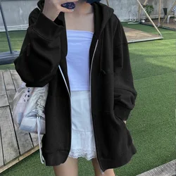 Women's Zipper Korean Fashion Loose Hoodies Vintage Black Gray Hooded Sweatshirts Couple Outerwear Jacket Coat