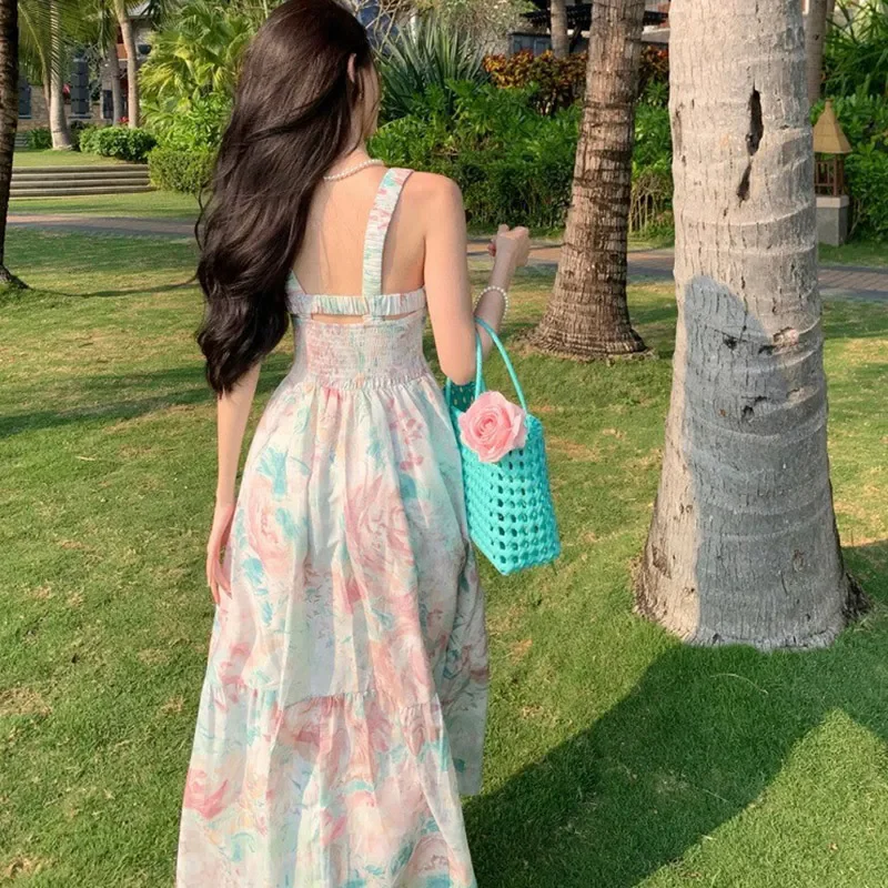 Vestido acampanado con estampado Floral francés para mujer, vestido largo ajustado con tirantes y tirantes anchos, diseño de nicho de verano para mujer