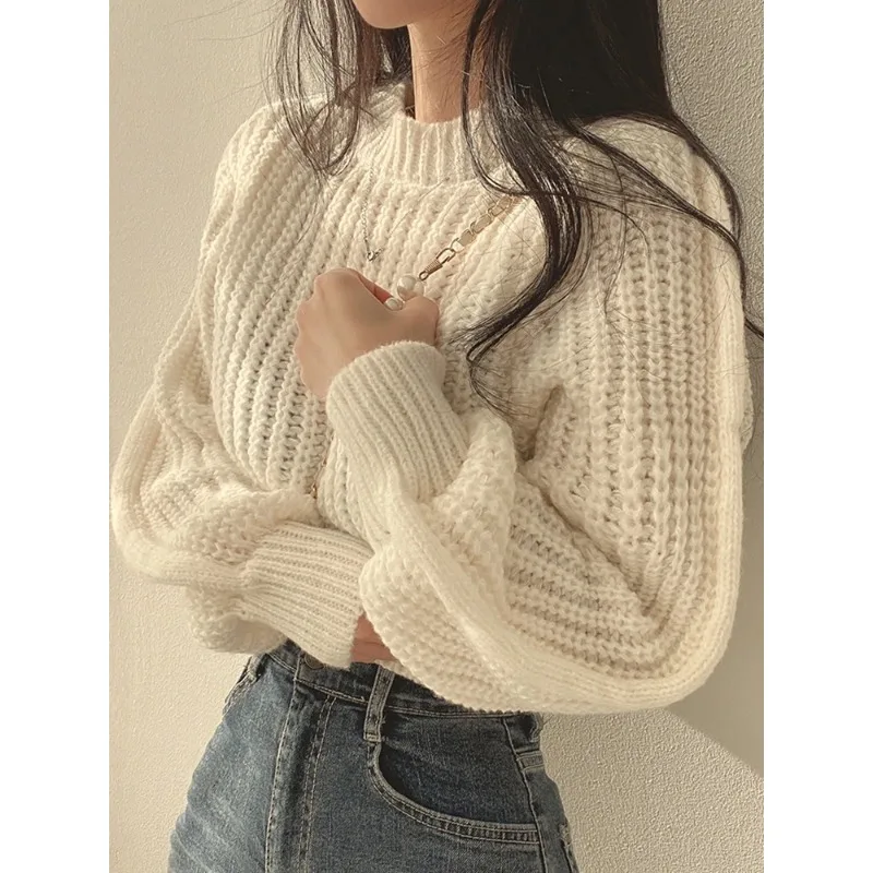 

Loose Vintage Harajuku Lantern Long Sleeve Women Sweater Korean Autumn Winter Knitwear Soft Warm Tops Chic Solid Femme Sweater
