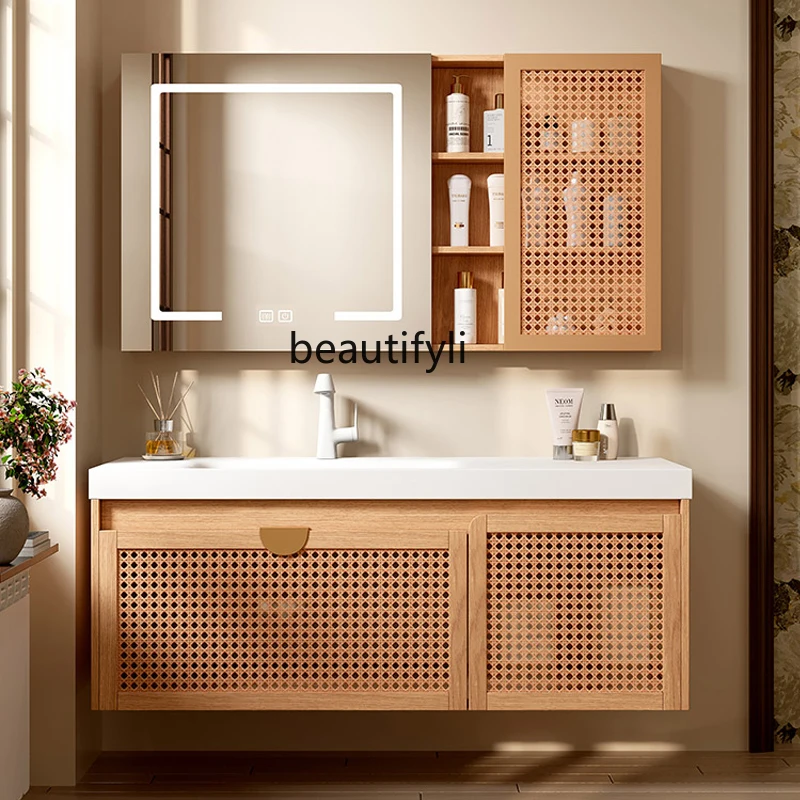 

Japanese-Style Rattan Stone Plate Whole Washbin Oak Bathroom Cabinet Combination Washstand