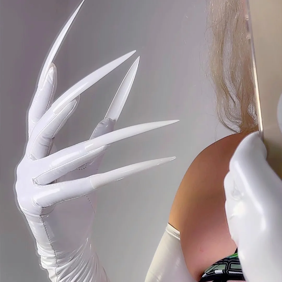 

White Latex NAIL GLOVES 70CM Shoulder Long TECH Extra Thin Stretchy Faux PU Rubber Gloves with 10cm Long Nails Cosplay Costume