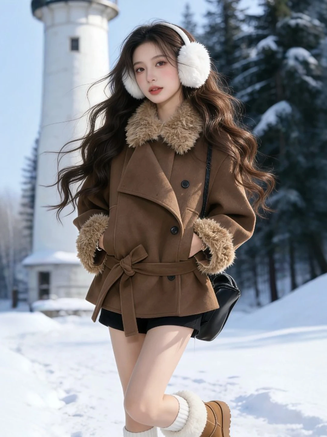 

Retro Belted Woolen Coat Women's Faion Spring Autumn Winter Outerwear Sli Trendy Waist-Cinching Coat for Casual Travel