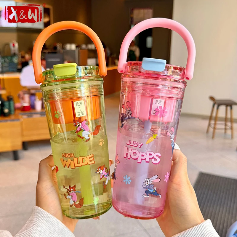

X&W Zootopia Kid's water Cup 650ml Judy Nick Cartoon Water bottle With handle Summer Outdoor Sports Straw Cup Cold drink cups