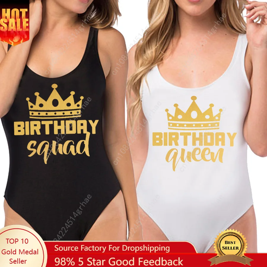 

Birthday Party One Piece Swimsuit Birthday Queen & Squad Girl Crown Castle Lining High Leg Women Swimsuit Fun Beachwears
