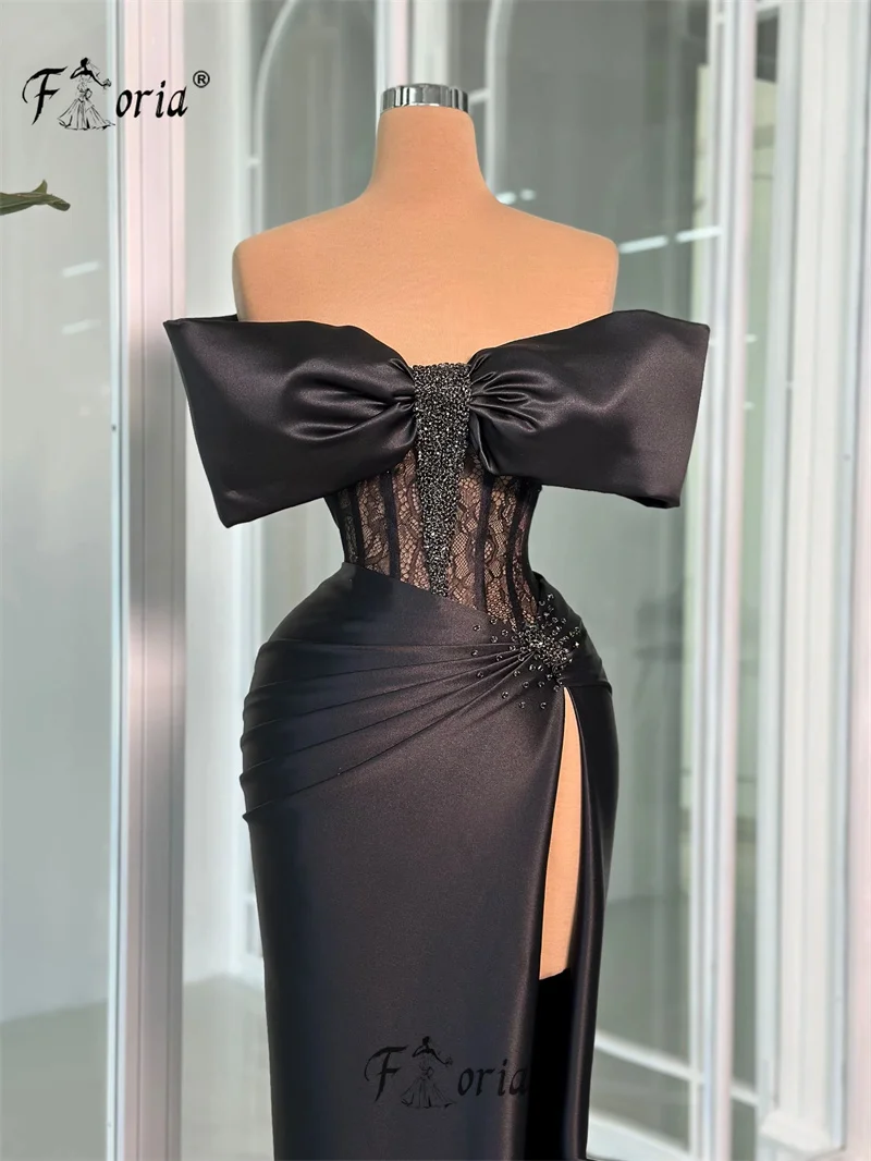 Elegant Mermaid Prom Dresses Black Bow Beads Slit Evening Party Dress Formal Night Cocktail Gown Custom Made robes de soirée