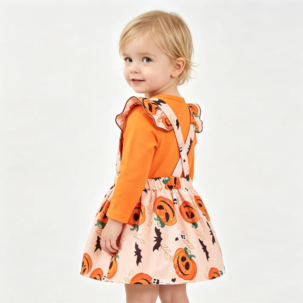Toddler Baby Girl Halloween Costume Set Long Sleeve Orange Romper Pumpkin Suspender Skirt with Headband Festival Party Outfit