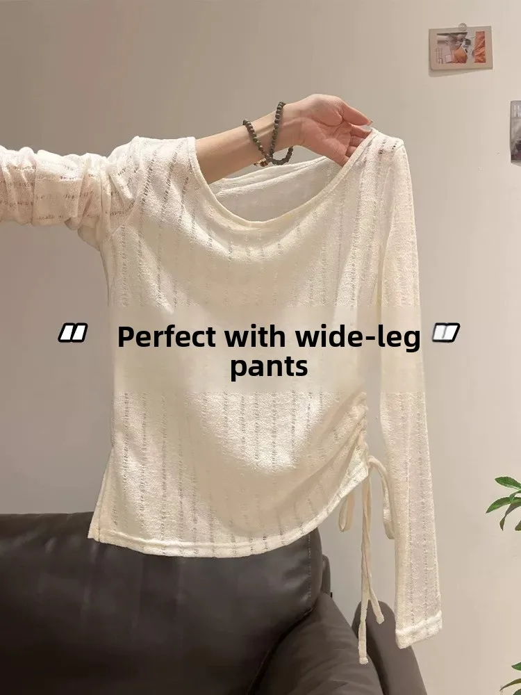 Slimming High Waist Hollow out Long Sleeve T-Shirt in Beige Korean Style Commute Friendly Cotton Polyester Blend Moisture Wic...