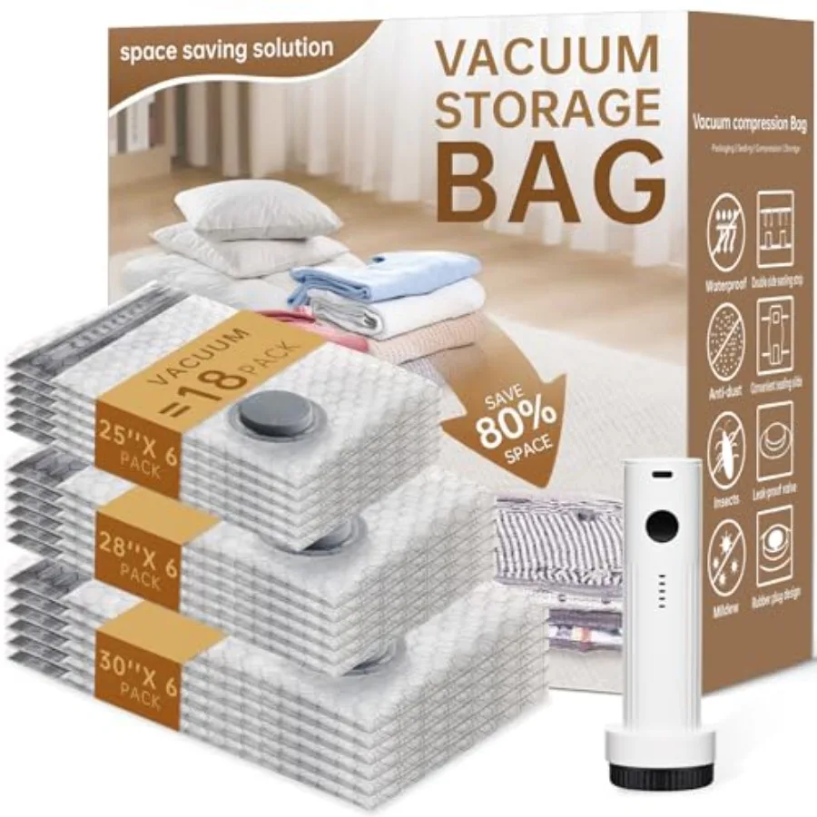 

Vacuum Bags for Travel with Wireless Rechargeable Pump, 18 Pack Carry-on Size Compression Packing Seal Bags for Luggage and Sui