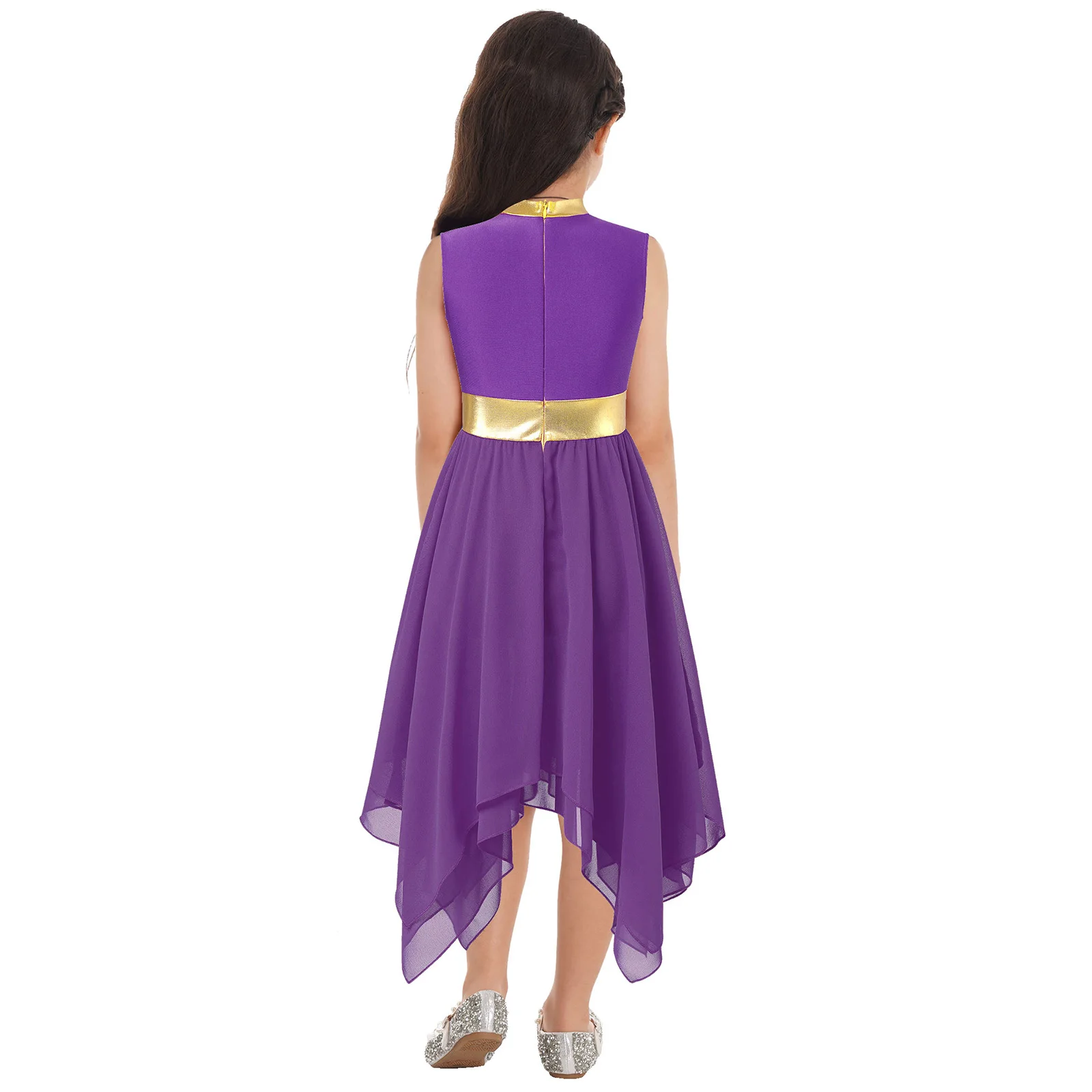 Dziecięca Sukienka Liturgiczna do Tańca Pochwałowego dla Dziewczynek, Błyszcząca Metaliczna Sukienka Bez Rękawów z Asymetrycznym Dołem i Szerokimi Spodniami, 2 sztuki