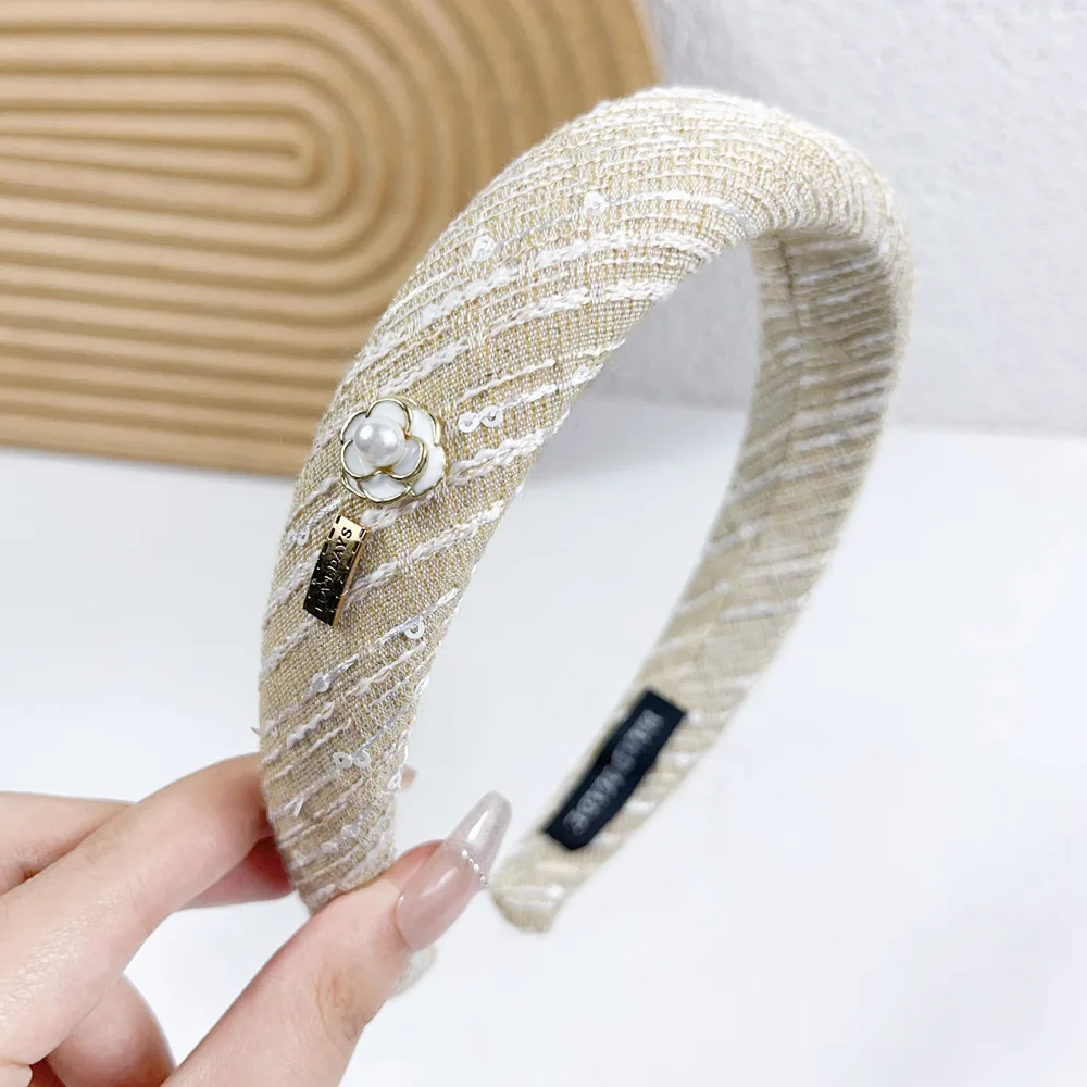 High-grade Shiny Stripe Sequins Flower Hair Band Hair Hoop 2023 Newest Korea Women Hand Weave Sponge Padded Headdress Headbands