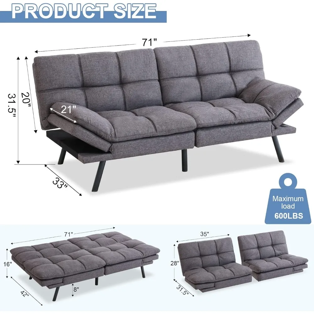 Futon Sofa Bed Couch Convertible Memory Foam Sleeper Love Seat,Modern Daybed for,Apartment,Adjustable Backrests Armrests