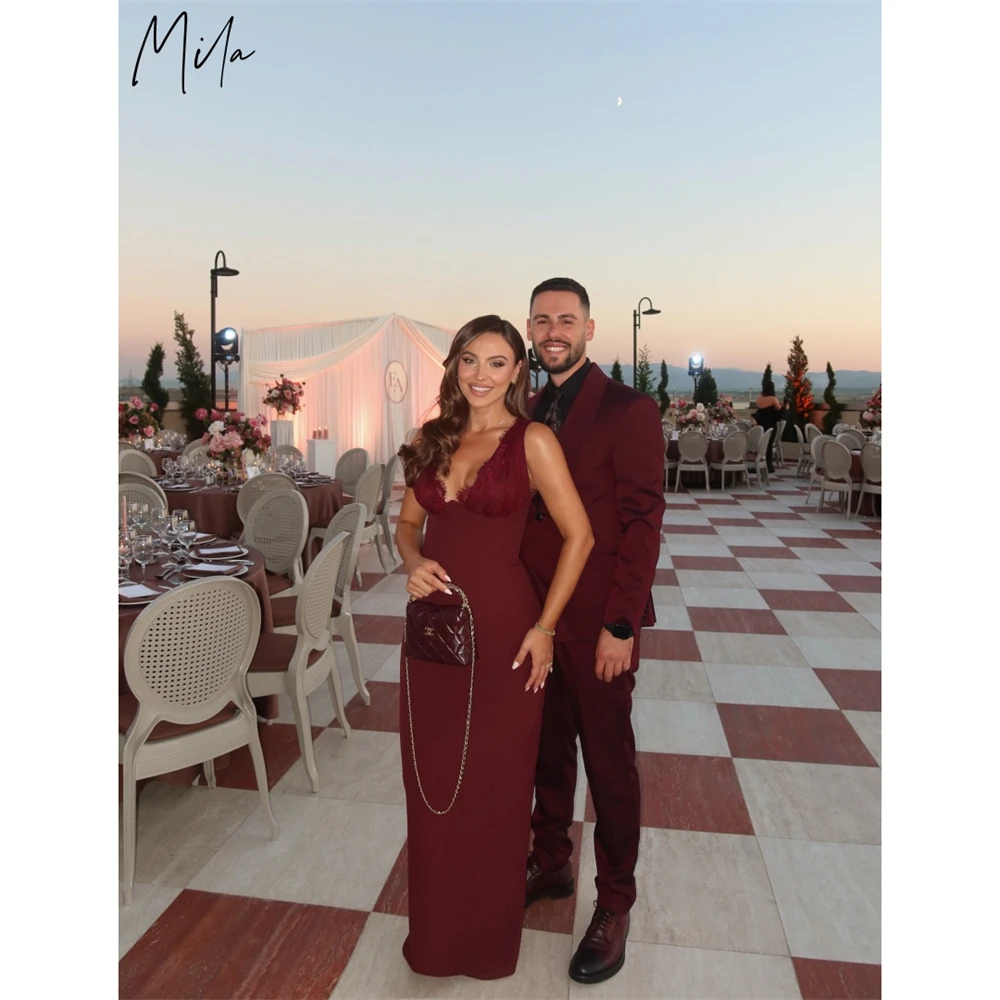 Mila Custom Burgundy Deep V Neck Sleeveless Lace Evening Dress Sheath Floor Length Formal Prom Dress Wedding Guest Party Gown