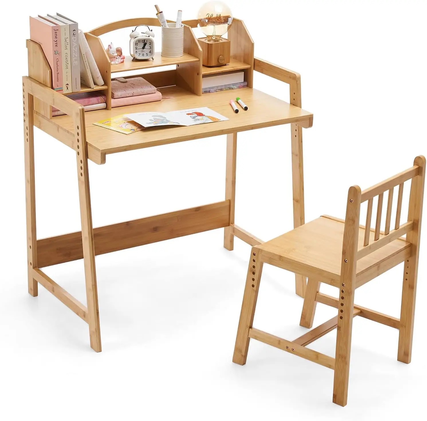 

Kids Desk and Chair Set Height Adjustable Bamboo Study Desk with Removable Hutch and Storage Ergonomic Children Writing Table