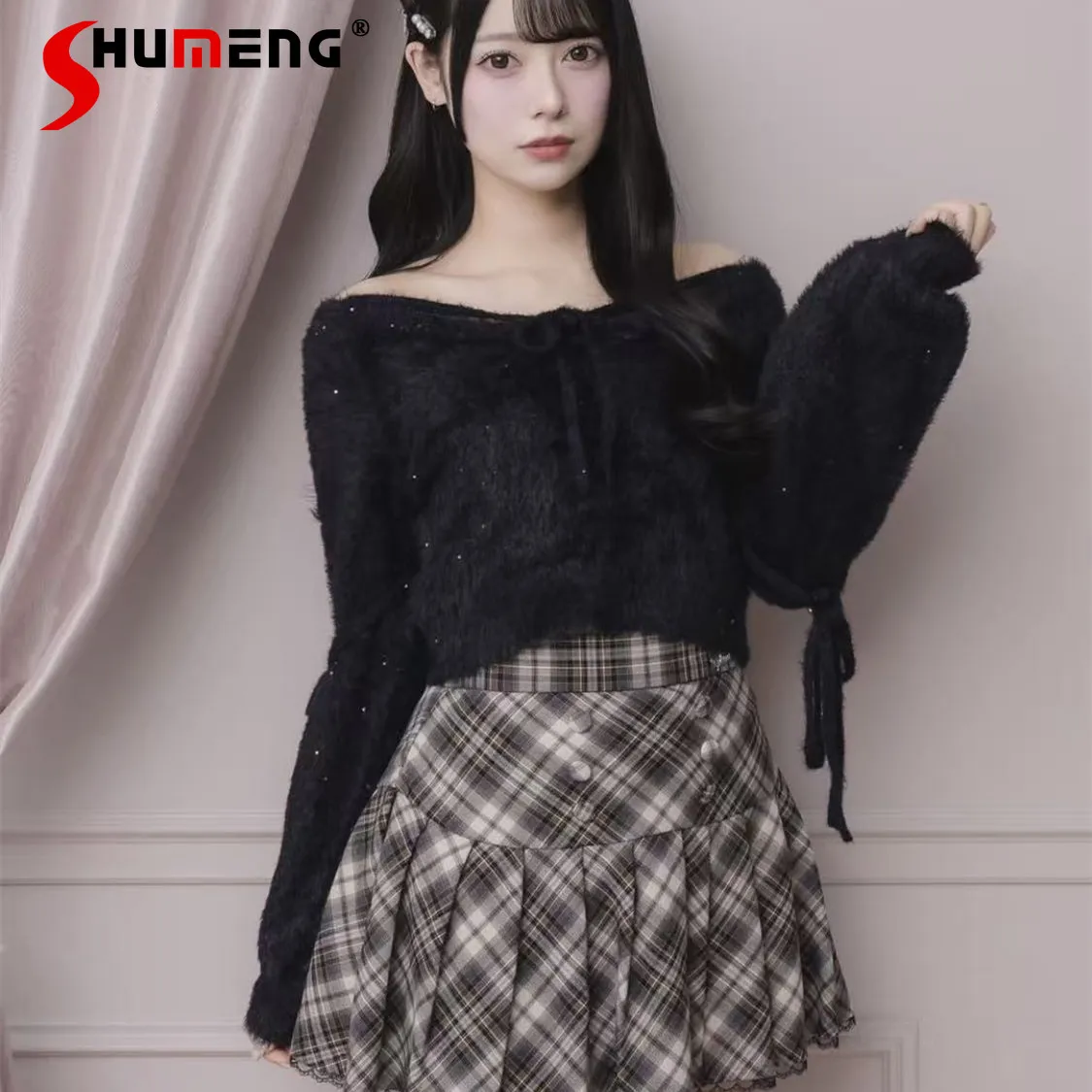 

Japanese Style Elegant Sweet Lace-Up Bow V-Neck Off-Shoulder Long Sleeve Versatile Knitted Sweaters Pullovers for Women Spring