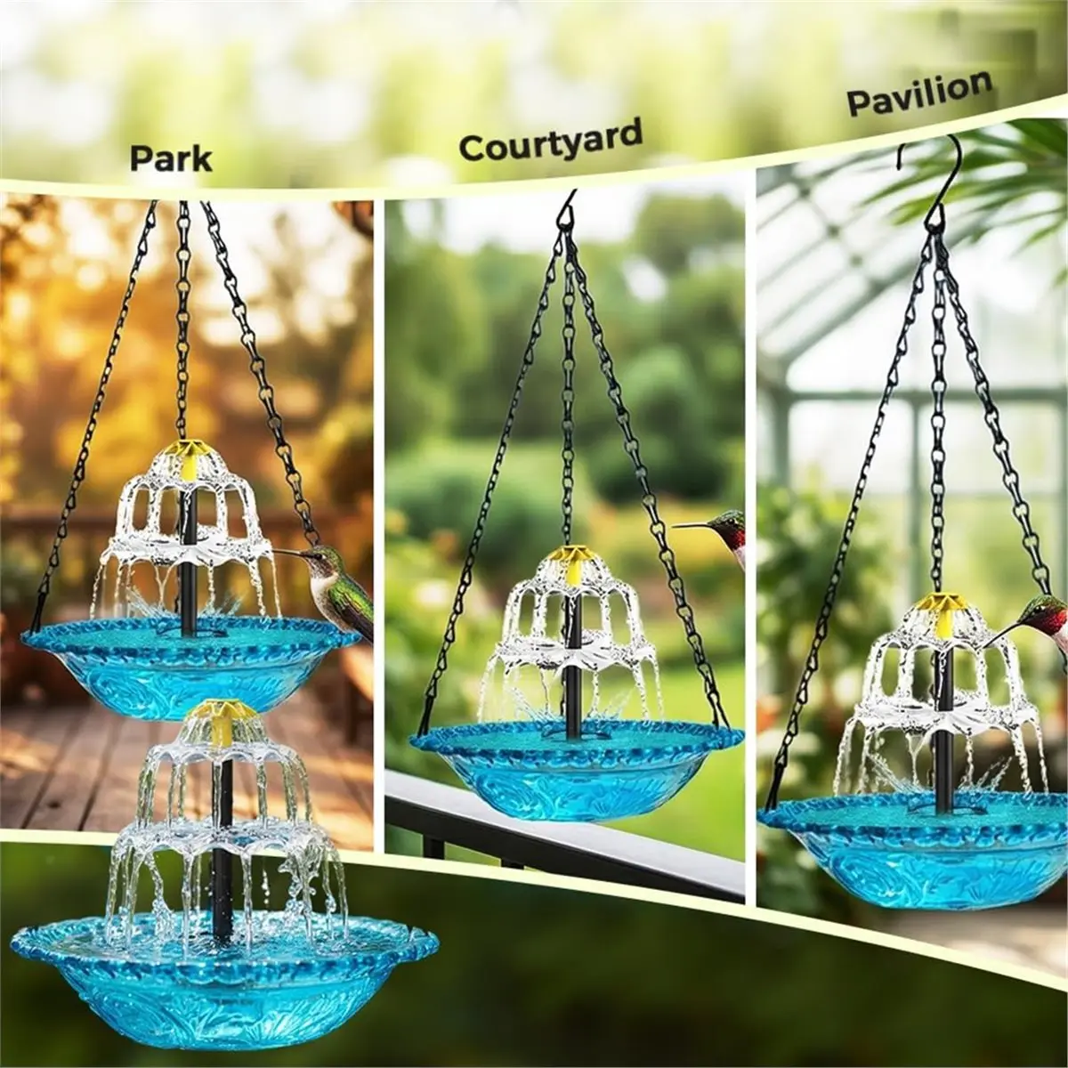 giftnew 1pc Solar-Powered 3-Layer Hanging Bird Bath Fountain with Glass Bowl
