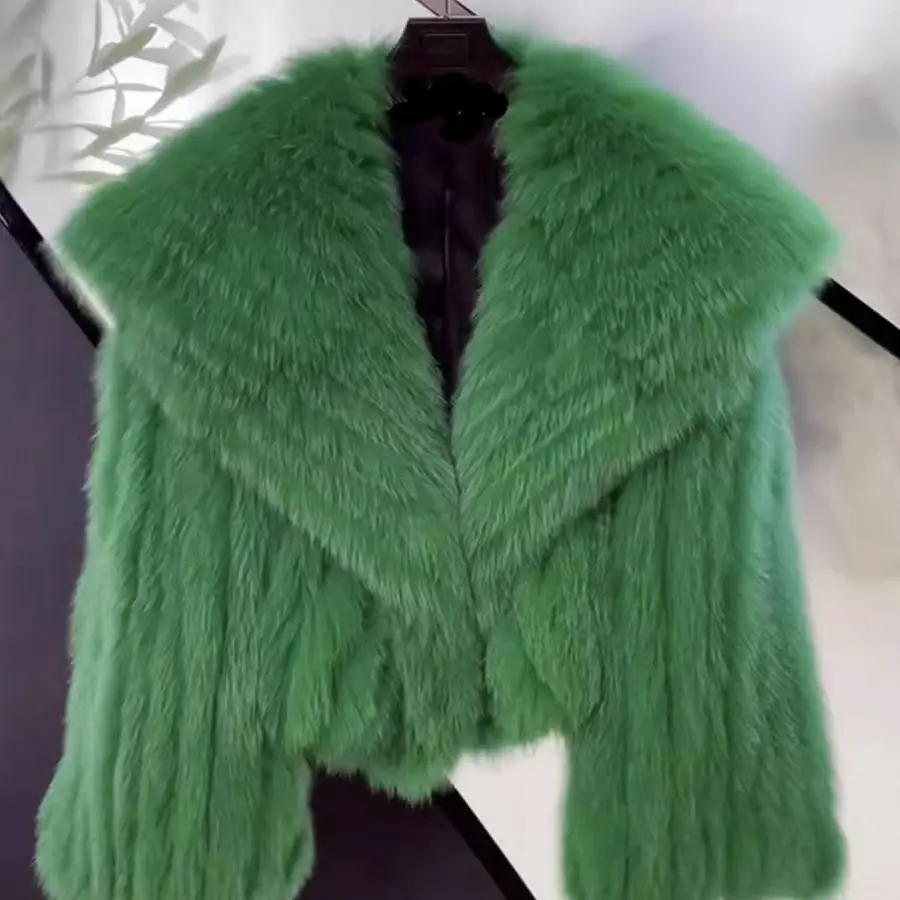 Jaqueta Fena Curta Estilo Jovem com Gola Azul-Marinho e Pele Sintética de Raposa, Versão Coreana, Ecológica, Ajuste Solto...