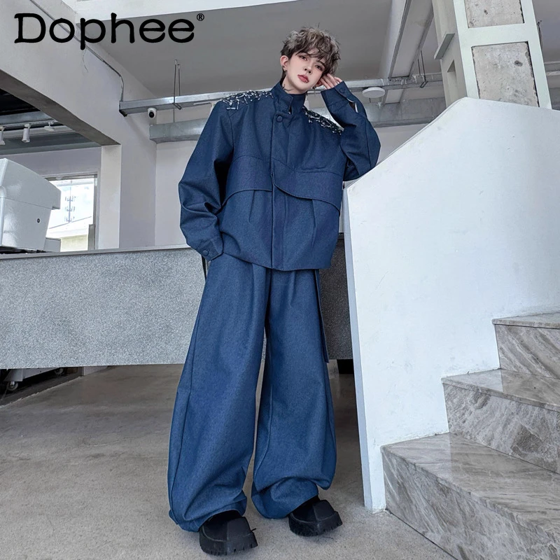 

2025: мужские весенне-осенние новые джинсовые куртки с подплечниками и воротником-стойкой, комплекты длинных брюк с широкими штанинами, мужской комплект из двух предметов