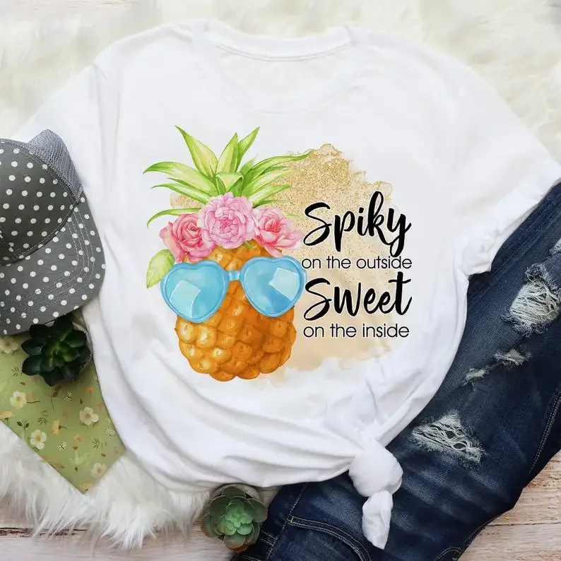 

Spiky But Sweet Pineapple T-Shirt Funny Graphic Korean Women shirt Fashion Casual Cotton Round Neck Female Short Sleeve Top Tees