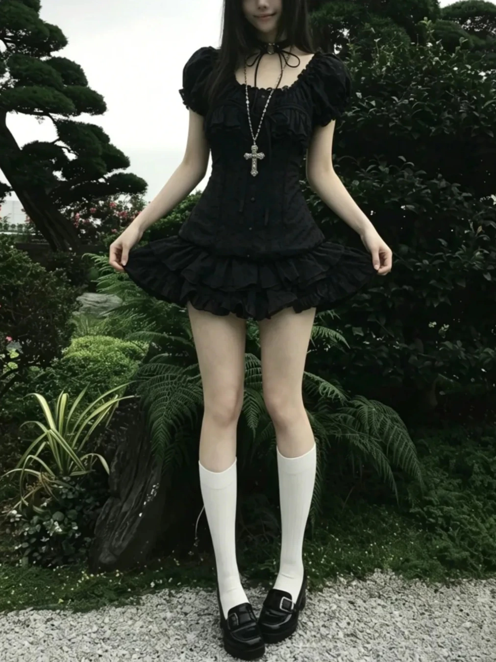 Gothic Kawaii Jirai Kei 2 Piece Set Women Petite Puff Sleeve Lace Bow Ruffle Mini Skirt Corset Top Party Outfit 2026