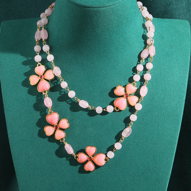 

Vintage Princess Pink Layered Necklace Bead Crystal Hibiscus Four Leaf Clover Natural Stone For Girl Summer Accessories New In