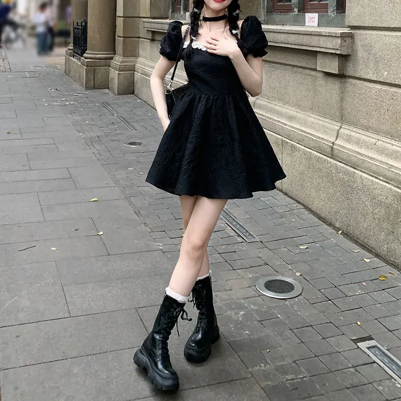 Sexy Backless Bow Dresses Women Summer Fashion High Waist Puff Sleeve Vestidos Vintage Lolita Style Square Collar A-line Dress