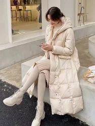 Female White Duck Down Hooded Jacket, Long Jacket, Casual Loose Outwear, Feather Snow Overcoat, New, Autumn, Winter