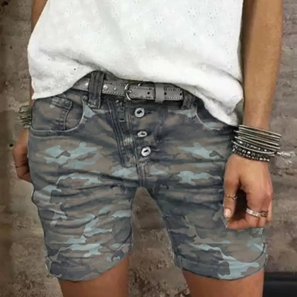 

Hot！2022 New Summer Fashion High Waist Camouflage Print Women Shorts All-matched Stretchy Buttons Denim Shorts Streetwear