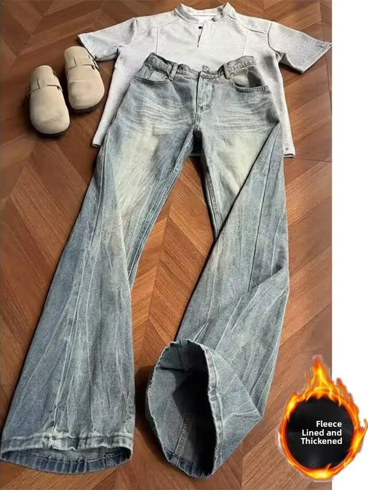 Cleanfit الأمريكية شارع العليا Thiened الشتاء الرجال الجينز واسعة الساق الدنيم السراويل عارضة طويلة السراويل الشباب Faion ارتداء #5