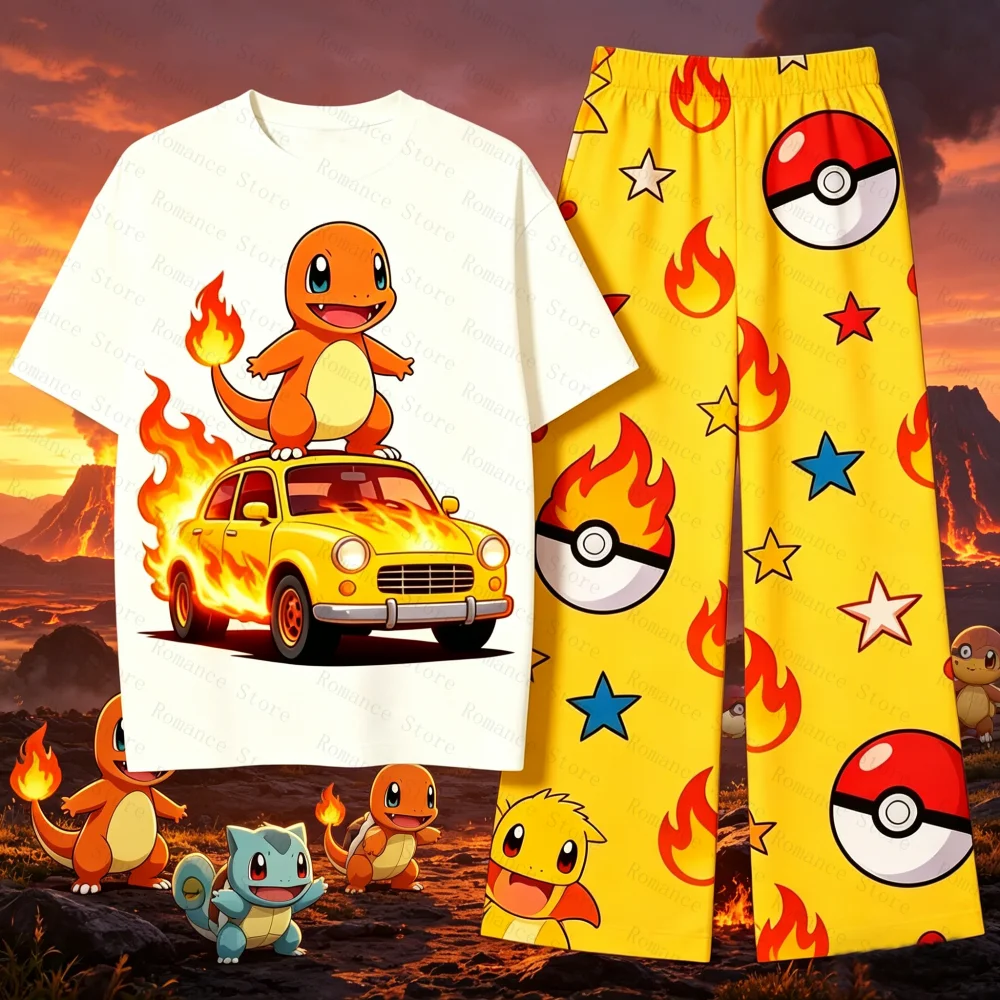 Conjunto de Pijama de Anime P-Pokémon Charmander, Ropa de Dormir con Estampado de Llamas y Poké Ball, Conjunto Holgado de Manga Corta y Pantalones Largos para Niños y Adultos