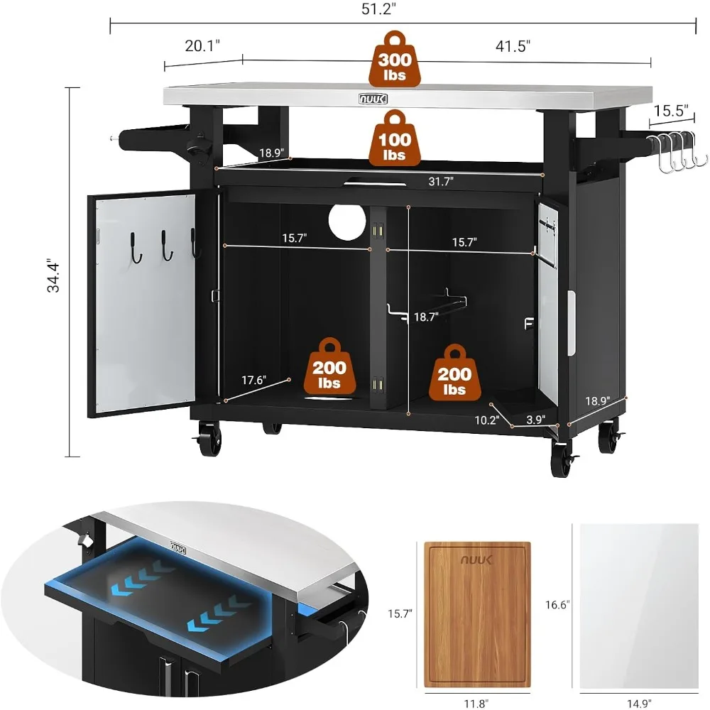 Outdoor Grill Cart with Storage Cabinet Metal Kitchen Island Prep Table with Movable Universal Wheels