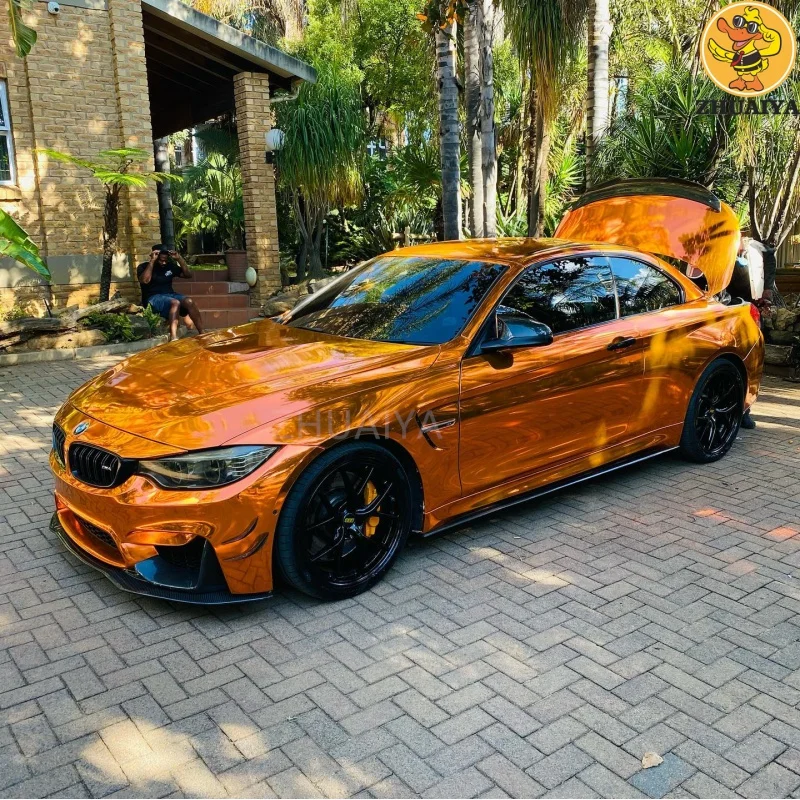 1.52X18M Rekbaar Oranje Holografische Chroom Vinyl Wrap Zelfklevende Film Sticker Luchtafgifte Bubble Vrij Diy Auto Wrap Roll