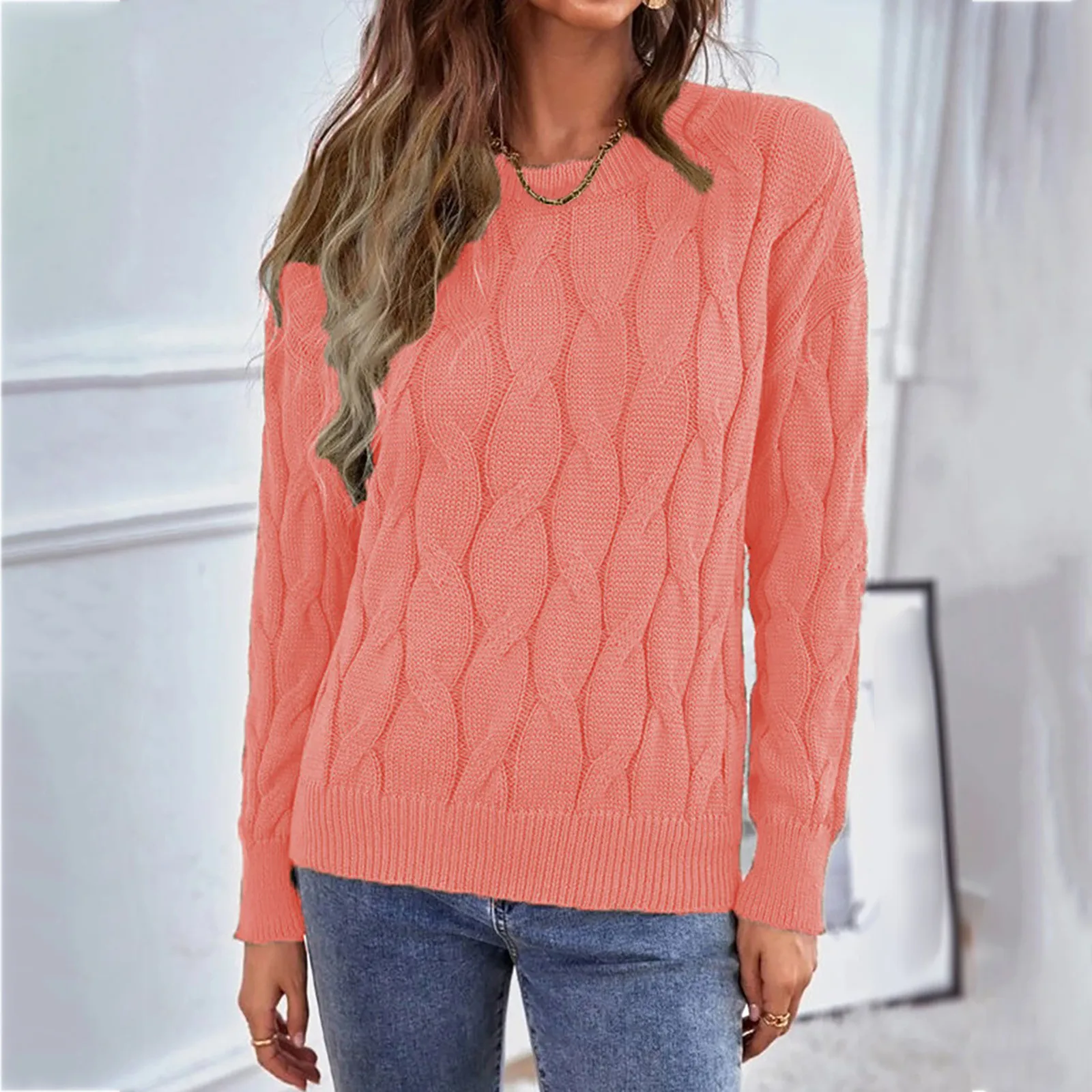 

Autumn Winter Knitwears O-Neck Pullovers Long Sleeve Sweater Cute Elegant Soft Crewneck Long Sleeve Hollow Cable Knit Pullover