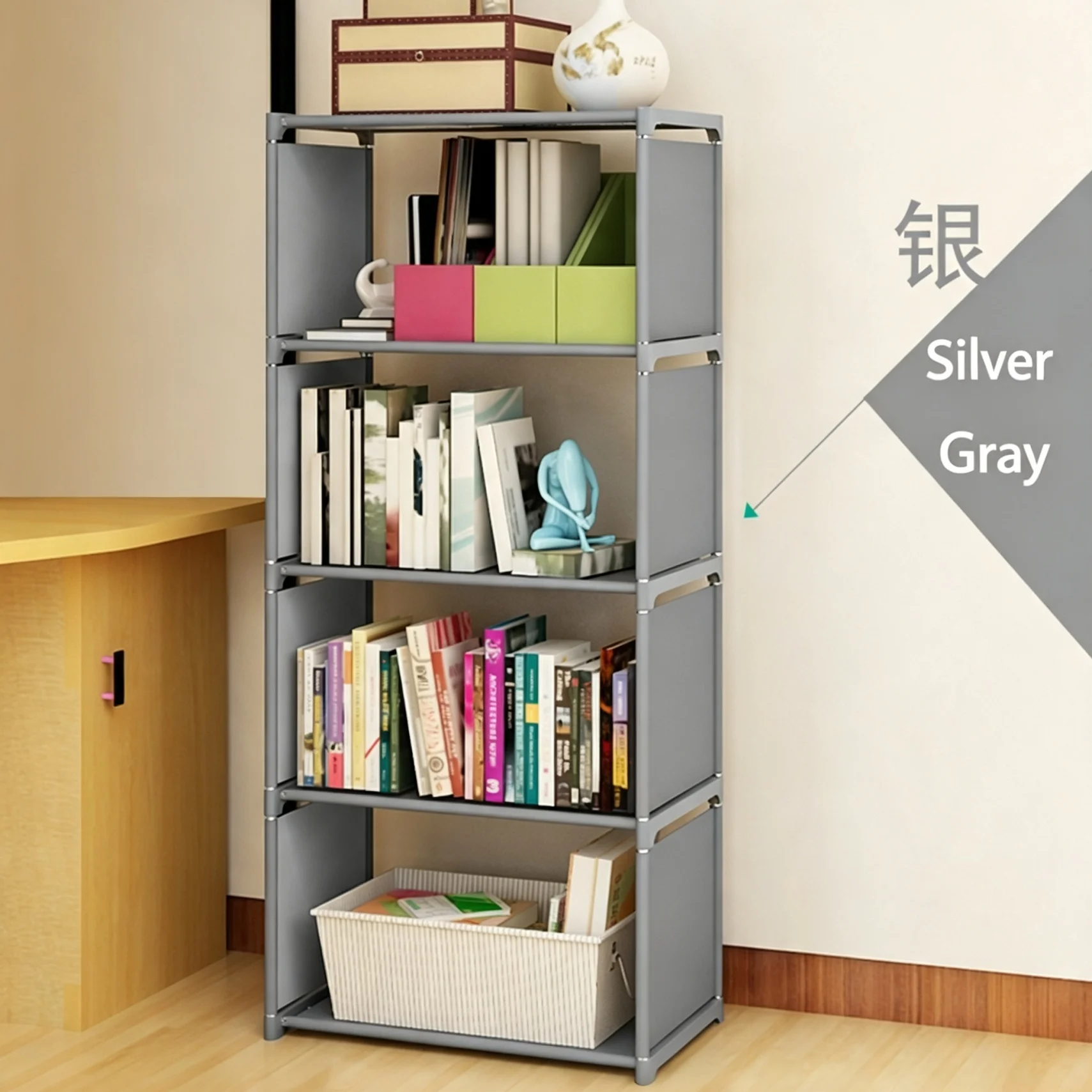 Space Saving DIY Fabric Bookcase, Double Row Multi Tier Book Storage Rack for Small Apartment