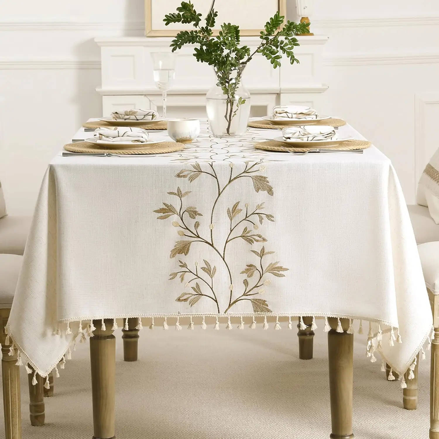 

Cotton Linen Rectangle Tablecloth with Tassel for Dining Table, Heavy Duty Floral Farmhouse Coffee Kitchen Table Cloth W