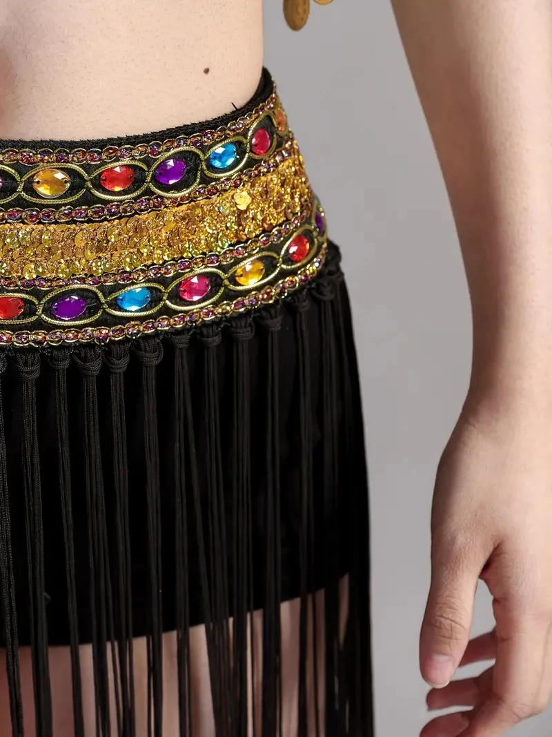 Women Activewear Solid Long Asymmetrical Tassel Trim Dance Skirt, Glitter Sequins Latin Tango Hip Scarf For Cosplay Performance