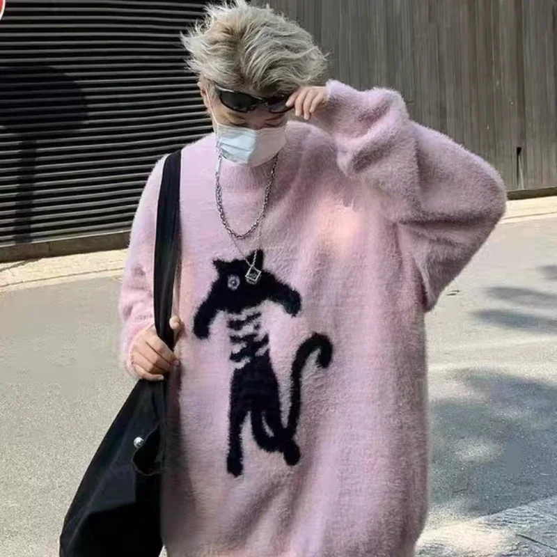 New Vintage Cartoon Cat Sweaters Men Autumn Japanese Harajuku Loose Pullover Street Y2k Trend Soft Glutinous Male Knitted Top