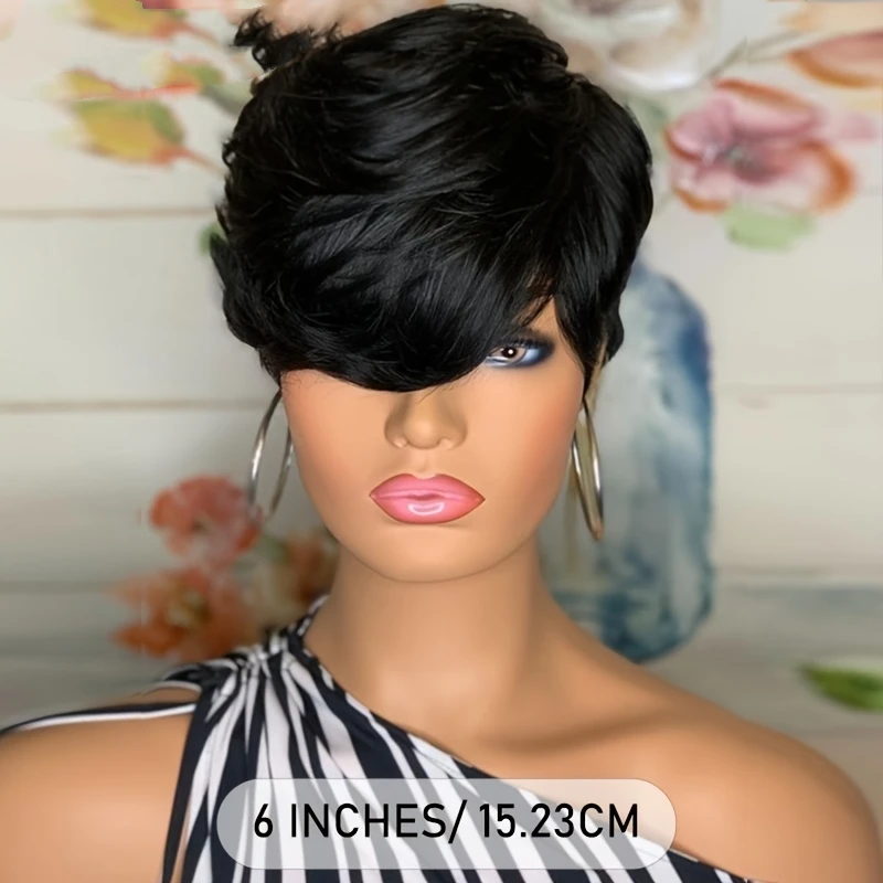 pixie cut human hair wig for women 6inch natural black color daily party use 150% density remy hair wig  short straight wig