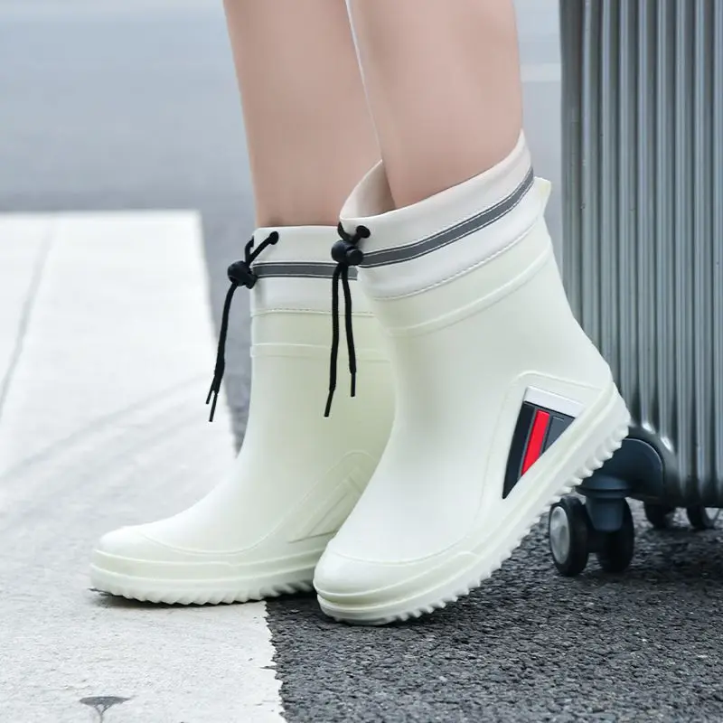 High-End Men's New Cinch-Top Waterproof Outdoor Boots Non-Slip Kitchen Work Galoshes Insulated Fleece Warm Rain Shoes